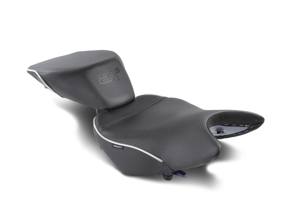 Suzuki GSX-S 1000GT 2-piece World Sport motorcycle seats with the GT logo in CFX with silver welt.